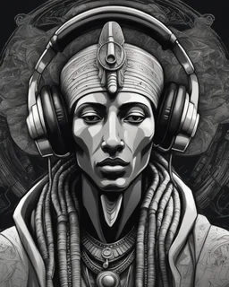 Illustrative sketch of Pharaoh Akhenaten in music with headphones, ultra quality, hyper detailed, graffiti, concept art, maximalism, 8k