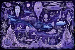 A purple outer space with ghosts of illusion designed in native American petroglyphs painted by Guo Xi
