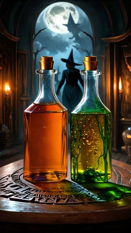 two old translucent magic bottles on a carved wooden table, the one on the left has an orange liquid with green veins, the one in the middle has a green liquid with yellow bubbles, an old room in the background with witches walking out of focus, moonlight overhead view of the bottles, hyperrealistic 8k, a magical atmosphere floats in the air. On the table the inscription reads "la vida por el hattrick"