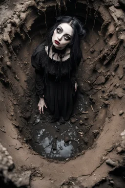 Closeup tall Girl goth with big eyes, fullbody, ragged clothes, behind her mud and rats, extended like roots, the perspective looking up from the bottom of an empty well , 8k,macro photography,