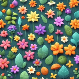 different varieties of flowers and leaves. 3D vector cartoon asset, mobile game cartoon stylized, clean.