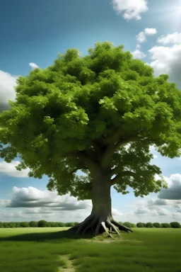 un immense arbre feuillu dont les feuilles sont remplacées par des dollars en espèce, situé en campagne sous un ciel ensoleillé avec quelques nuages blancs. Au bas de l'arbre, une famille souriante et joyeuse regarde l'arbre, tous avec les 2 bras dans les airs.