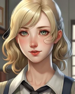 Realistic anime art style A lithe mid-twenties slightly dressed up blonde-haired woman She is a mid-twenties woman college professor. She has an average-height stature and her build would best be described as lithe. She has fair skin and hazel eyes, and her close-cropped dirty blonde hair is buzzed short. She has modest breasts and a plump butt. She is wearing a form-fitting white button-up shirt, a mid-length black skirt, and black pumps.