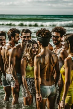 a group of friends about to swim at the beach