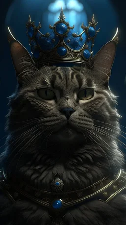 Upscale orkand almost leads to the extinction of cat musk king with crown, in an accurate revenge scheme,Dramatic, dark and moody, inspired style, with intricate details and a sense of mystery Blue background, 16k, dramatic lighting, matte painting, highly detailed, cgsociety, hyperrealistic, --no dof, --ar 2:1