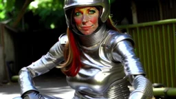 Chasey Lain in silbernem Zentai mit silbernem Motorradhelm