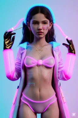 Ultra Realistic image, Rosalía artist, portrait, normal complexion, portrait, clean skin, two bows, little chopsticks hair , black eye long line, sweet face, t-shirt with holes, inflatable open coat, gold pink and blue style, spray line glow, big geometric led jewelry, fog, hot, inflatable style latex coat, vibrant color, highly detailed, art stations, concept art, smooth, unreal engine 5, god rays, ray tracing, RTX, lumen lighting, ultra detail, volumetric lighting, 3d, finely drawn, hd.