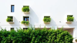 The image shows a modern architectural structure with a white exterior. The building is designed with several cubic planters that protrude from the facade and contain lush green plants, creating a combination of nature and contemporary design. A person is seen at one of the windows. In the foreground, there is a garden with dense vegetation, which enhances the overall aesthetic.