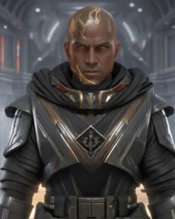 star wars bald male corellian jedi wearing gunmetal grey and black old republic armored flightsuit with gold and metallic red trim inside the jedi temple, centered head and shoulders portrait, hyperdetailed, dynamic lighting, hyperdetailed background, 8k resolution, volumetric lighting, light skin, fully symmetric details