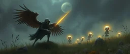ninja necromancer in the wild, raising glowing raven skeleton giant babies