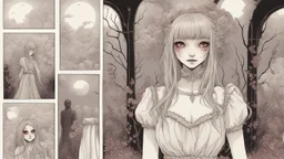 comic style, In the pallid moonlight, a peculiar girl appears - a vampire, her skin a haunting shade of spectral grey, as if she herself were wrought from the lonely heart of a forsaken moon. Cruel rubies are set into her eyes, glowing with ominous liveliness against her lifeless pallor. Blood, a sinister accompaniment to her form, the colour of garnet, seems to drip off her like a macabre jewel, casting a chilling aura of dangerous enchantment about her.