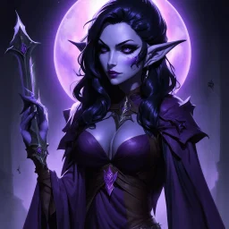 drow elf woman, sorceress, dark hair, purple skin, digital art, dark fantasy
