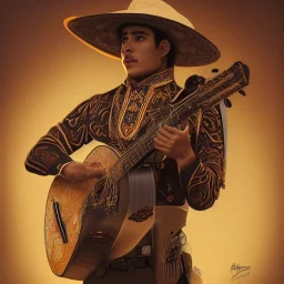 portrait,"Insanely detailed photograph of a mariachi warrior", intricate charo, sequenced Sombrero,handsome, detailed D20 flair, digital painting, artstation, concept art, smooth, sharp focus, illustration, art by artgerm and greg rutkowski and alphonse mucha, 8 k