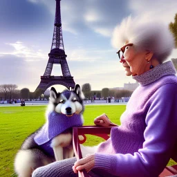 An elderly woman is knitting on a park bench, accompanied by her furry companion - a calm husky dog ​​resting next to her. In the background is the Eiffel Tower. The woman's lively personality shines through her whimsical outfit - a light blue sweater, striped tights and large round glasses perched on her nose. Her spiky red hair adds a touch of glamor to the scene. The sweet dog, with a shaggy yellow coat, lies peacefully with his head resting on the knitted fabric, providing a faithful compani