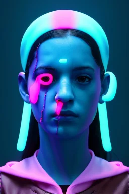 Ultra Realistic image, Rosalía artist, waist up portrait, black eye line, angry face , gold, blue, pop style, pink spray line make up, geometric, led lights, neon, rings piercing, led ornament, fog, bubble latex coat, vibrant color, highly detailed, art stations, concept art, smooth, unreal engine 5, god rays, ray tracing, RTX, lumen lighting, ultra detail, volumetric lighting, 3d, finely drawn, high definition, high resolution.