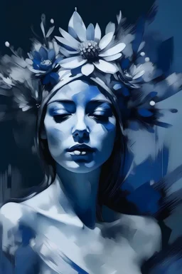 Indigo woman with a crown flower in oil painting effect with fat brushstrokes and tiny lines cutour from far