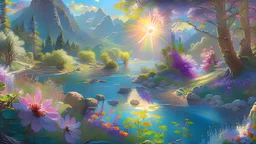 full light,highlight, trees, river, day, sun day, an idyliic forest with bright colorful flowers, mountains, sun,flower, a small river, paradise