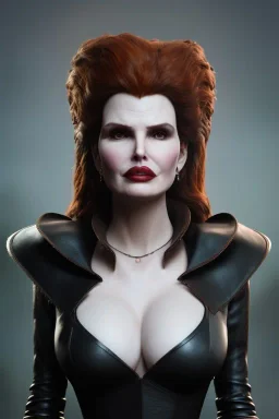 Geena Davis as evil queen in black leather, leather, busty, cleavage, angry, rage, stern look. character design by cory loftis, fenghua zhong, ryohei hase, ismail inceoglu and ruan jia. unreal engine 5, artistic lighting, highly detailed, photorealistic, fantasy