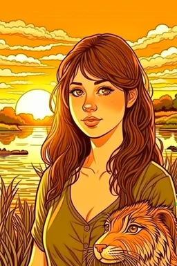 girl, brown hair, brown eyes, sunset, nature in the background with animals, handdrawn, river