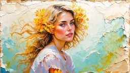 abstract art complementary colors fine details , old torn worn paper, peeling, high grain, portrait blonde , flowers in hair, acrylic, alcohol ink, fine drawing, A blonde woman in her 40s, with flowers woven into her loose, curly hair, sits in a whimsical, dreamlike setting, surrounded by delicate swirling patterns reminiscent of the textures of old torn paper, in a vibrant, abstract style combining acrylic and alcohol ink techniques, with fine detailing that highlights complementary colors, in