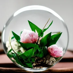 Cinematic shot of peonies inside a glass ball, glass, crystal, leaves, luxurious, terrarium