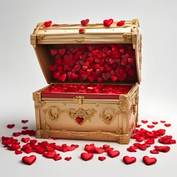 A gold red opened chest with small red Valentine's hearts. All on a white background
