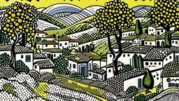 A small village with olive trees painted by Roy Lichtenstein