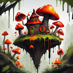 A weird mushroom house with drippy spots and eyeballs on a floating island. black orange red green Detailed gloss Painting, rich color, fantastical, intricate detail, splash screen, hyperdetailed, insane depth, concept art, 8k resolution, trendi