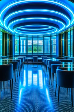 A restaurant whose outer walls are oval in shape, the color of the inside is blue, and its floor is light, with a bar table in the middle of the restaurant in the shape of an oval, containing 30 chairs, and the walls are made of tinted glass