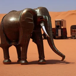 A mechanical chrome elephant next to a group of Robotic Bedouin in Sahara by arik roper