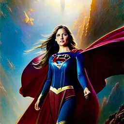 hyperrealism Drawing of 'Supergirl' by gaston bussiere, greg rutkowski, yoji shinkawa, yoshitaka amano, tsutomu nihei, donato giancola, tim hildebrandt,oil on canvas, cinematic composition, extreme detail,fit full head inside picture,16k