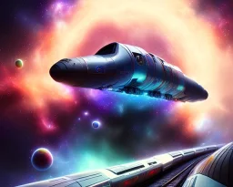 paint whimsical space train going through space galaxy stars nebula, high definition hyperdetailed train by Johan Grenier matte background landscape elemental mysterious colorful sci-fi