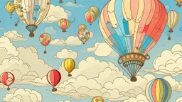 A flesh color sky filled with clouds and balloons designed in German Folk art