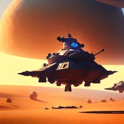 octane render volumetric desert war environment, Ralph McQuarrie style painting of an armored hovercraft with cannon, floating in the air, highly detailed, minutiae, nimbus storm, renderman, duststorm at sunrise