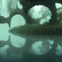 forest and bridge completely submerged underwater at the bottom of a lake, school of fish, 8k Resolution, Fine-Detail, High-Quality, Intricate, Detailed Matte, 3d Octane Render, Beautiful, Stunning, Brian Froud, Selina French, Howard Lyon, Greg Rutowski, Annie Dittman, Annie Stokes