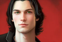 a young male with shoulder length black hair and green eyes, smirk