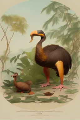 John James Audubon-like illustration of a fully uncropped Dodo bird and a Platypus in a landscape of warm yellows, warm reds, and warm blues