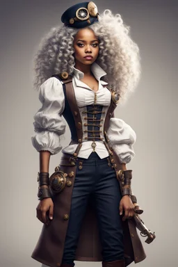 young mulatto girl with snow white wavy hair, dressed as a steampunk naval officer without hat