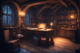 fantasy medieval study room with a desk, at night