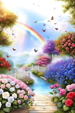 Trés belles roses, rainbows, beautiful colors gardens , flowers, cascades,Birds, butterfly