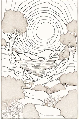 Peaceful, Egon Schiele, Max Ernst, night sky filled with galaxies, planets and stars, rock formations, trees, flowers, one-line drawing, sharp focus, 8k, deep 3d field, intricate, ornate, one million strokes
