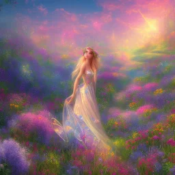 bright fairy in a flowery landscape synthwave,ultra high definition