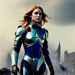 ultrarealistic, ruined city,__sci-fi armor__, __angles__, 18 year old woman, strikingly beautiful, ginger hair, _colour_, [__starlets__|__starlets__], (pale __skincolor__ skin:1.2), __camera__, _hair_, detailed face and eyes, medium breasts, leather choker, freckles, dynamic pose, resolved expression, __accessory__, strappy outfit, (straps:1.1), sword in scabard on left hip, (buckles, buttons, snaps, rings:1.0), haltertop style breastplate, detailed eyes, plump lips, sci-fi theme