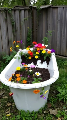 A Bathtub Al of it filled with dirt to the top, and in growing a colorful flowers , some of them are tingling down on the sides in an abandoned backyard