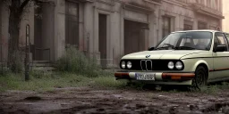 an abandoned 1990 bmw 2-door overgrown by nature with dust ,ultra realistic,concept, 4k ,on street, parked in crowded city winter,8k resolution, high-quality, fine-detail