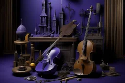 A violet city made out of musical instruments painted by Caspar David Friedrich