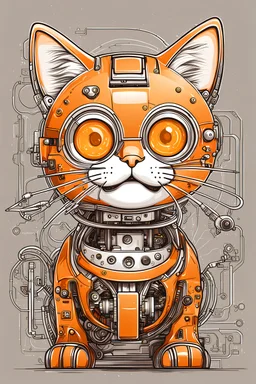 charmie cat, orange, smile, robotics parts, lineal draw, sketch style, tecnological background.