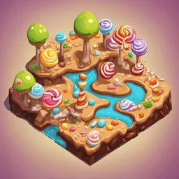 lollipop into cartoonist lake style model isometric top view for mobile game bright colors, surreal solid chocolate land with candies asset, cartoonist, toon, has some sands edges for a mobile game level map without terrains middle details, portrait top closer view