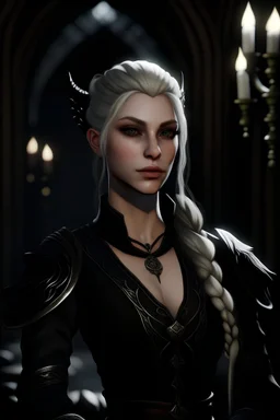 Baldur's Gate 3, elf woman warrior with white long braid and bangs, black clothes