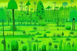 Lime green wetlands with bugs designed in Moai sculptures painted by Paul Klee